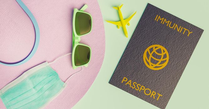travel accessories with mask and covid immunity passport. new normal concept. 3d rendering