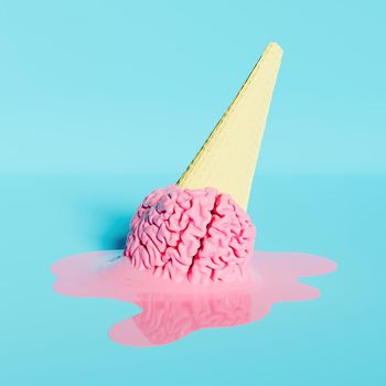 ice cream cone with melted pink brain on a pastel blue background. 3d rendering