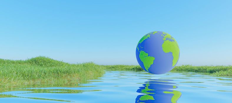 planet earth over a lake with grass meadows with clear sky. 3d rendering