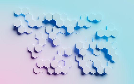abstract background of hexagons with blue and pink gradient color on flat background. 3d rendering