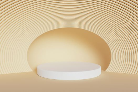 product stand with white cylinder on orange pastel background and many oval circular lines. 3d rendering