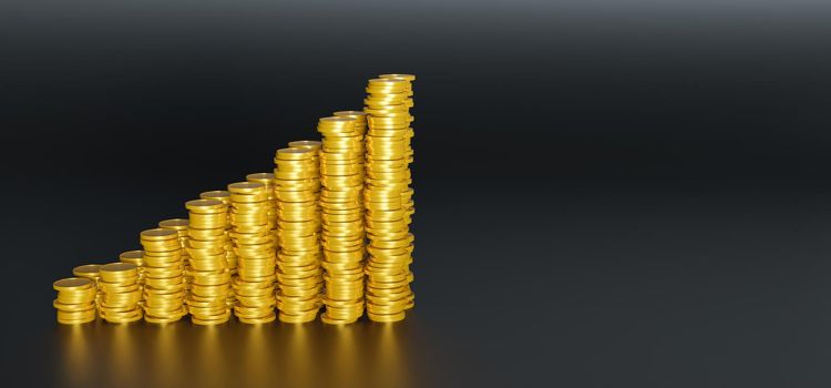 rising mountain of gold coins on black background with space for text and reflections. 3d rendering