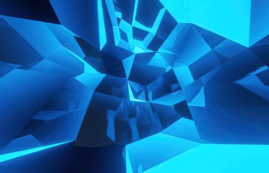 blue abstract background of cubic formations with metallic faces. 3d rendering