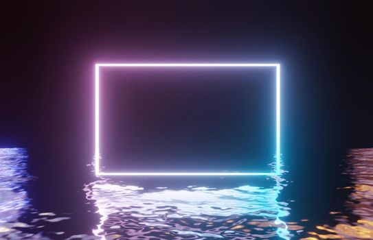 neon colored light frame on reflected water . 3d rendering