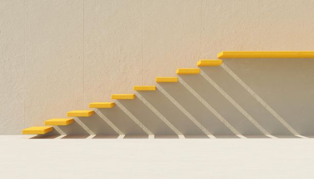 yellow minimalist stairs on gray cement wall. 3d render