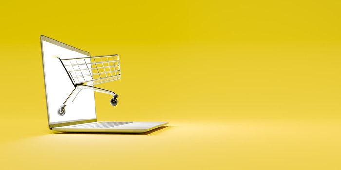 shopping cart coming out of a computer screen illuminated on a yellow background. online shopping concept. 3d render