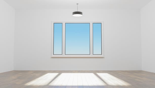 empty house room with white wall and wooden floor. window with blue sky illuminating. 3d rendering