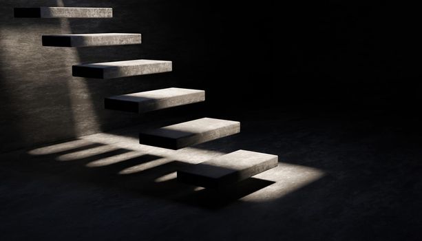 gray cement floating stairs in dark room with light coming in from above. 3d rendering