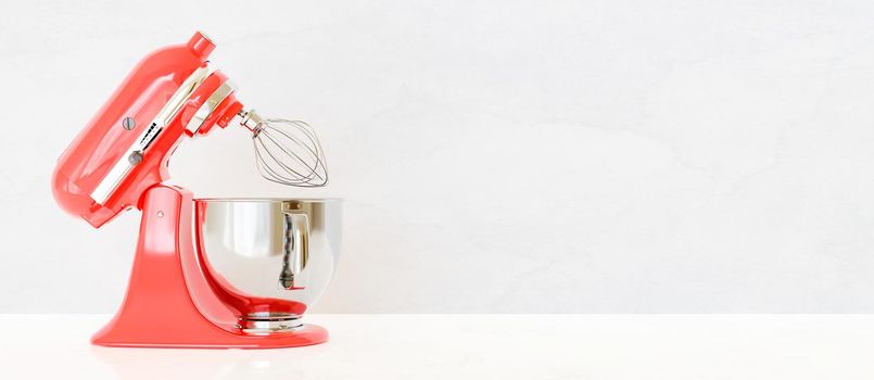 red kitchen mixer sideways on white background with space for text. 3d rendering