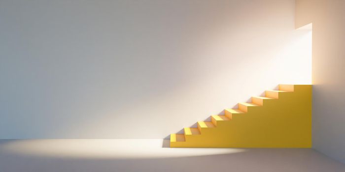 yellow minimalist stairs with a door through which a flash of light enters and illuminates the room. 3d render