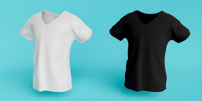 mockup of black and white t-shirts for design samples with blue background. 3d rendering