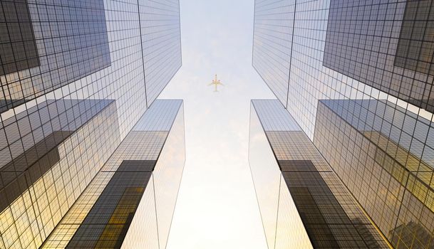large glass financial skyscrapers in the city with an airplane passing overhead in a clear sky. 3d render