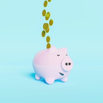 pink piggy bank with happy face with golden coins falling into it.3d rendering