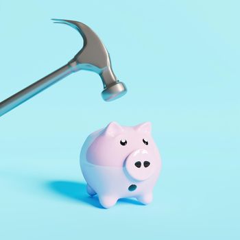 piggy bank with a scary face because it is going to be hit by a hammer. 3d rendering