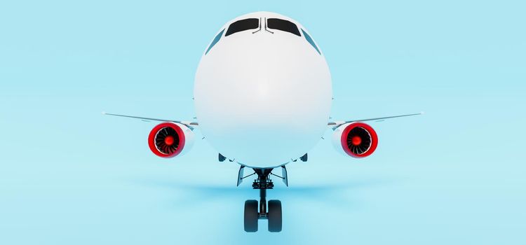 close-up of the nose of a passenger plane on a blue background. 3d render