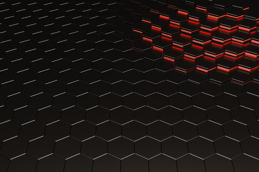 background of black metal hexagons with red illuminated lines in one corner. 3d rendering