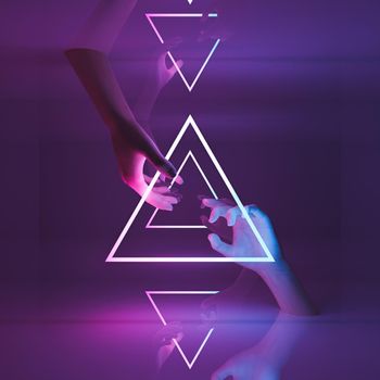 woman's hands between a triangle of neon light with mirror reflections. 3d rendering