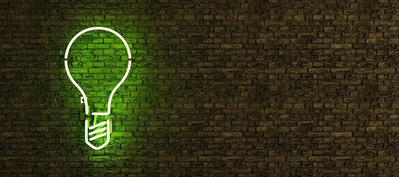 green neon lamp with light bulb symbol on brick wall with copy space. 3d rendering