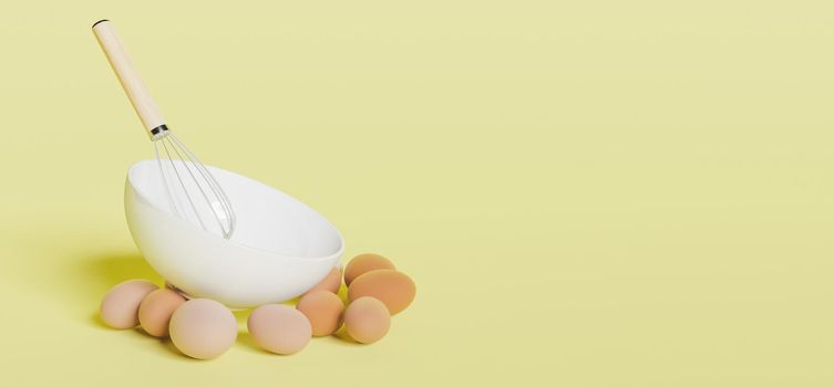 white ceramic bowl with a hand mixer and eggs under it on yellow background. 3d rendering