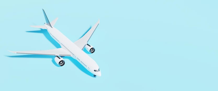 blue background banner with a white airplane. 3d rendering
