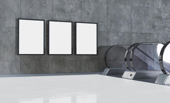 three vertical billboard mock-ups next to escalators in a subway station with marble floor. 3d render