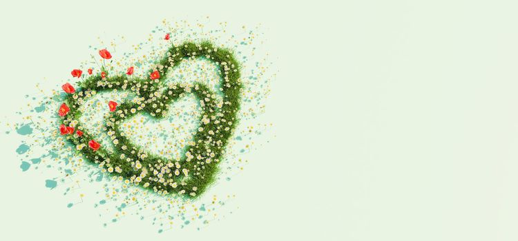 banner of a spring flowers heart with green background. 3d rendering