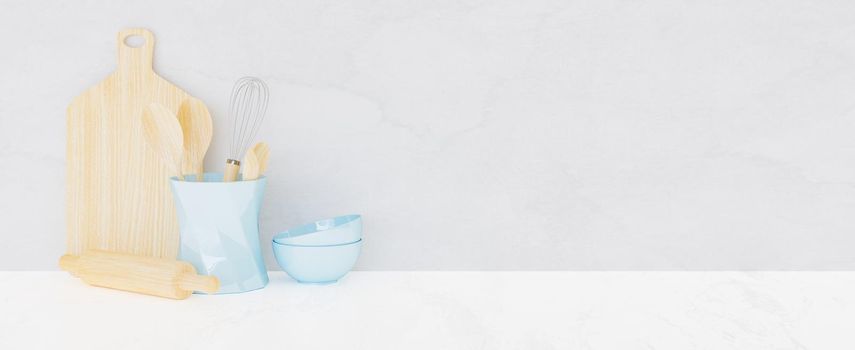 wooden kitchen utensils with pastel blue ceramic bowls on white background. 3d rendering