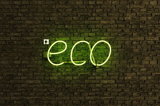 realistic neon lamp sign with the word ECO and green light on brick wall. 3d rendering