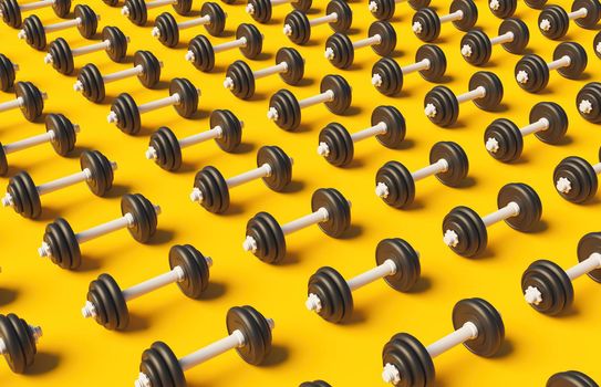 pattern of dumbbells on yellow background with soft shadow . 3d render