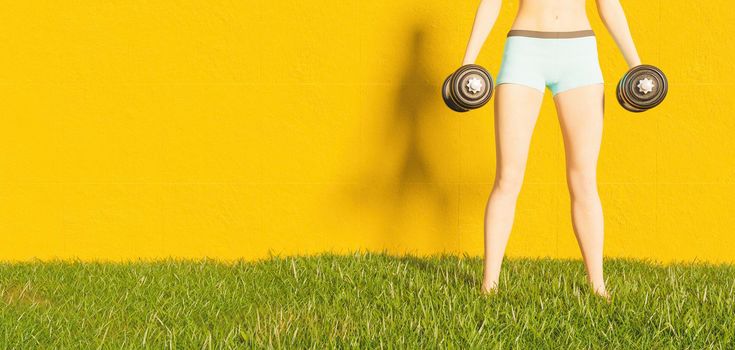 woman exercising outdoors holding weights with yellow wall in the background and grass on the ground. copy-space. 3d rendering