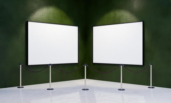 mockup of blank frames in the corner of a museum with security barrier. 3d rendering