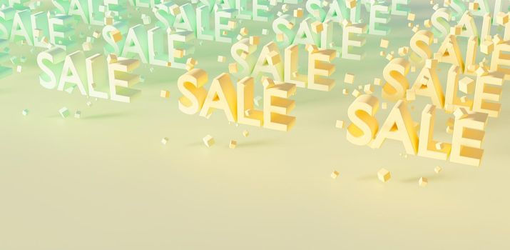 pattern with the words SALE and cubes suspended between the letters with pastel color gradient. 3d rendering