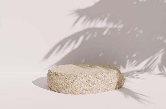 solitary rock for product presentation on white background with shadows of palm leaves. 3d rendering