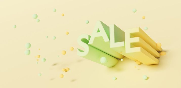 SALE sign with spheres suspended around it with a pastel background. 3d rendering