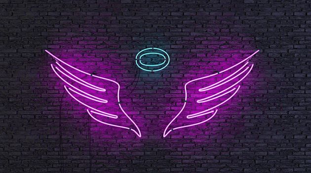 neon lamp with angel shape on brick wall. 3d rendering