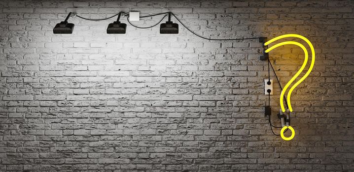 neon with yellow question mark on grey brick wall with spotlight area. copyspace. 3d rendering