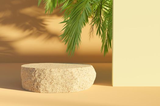 flattened rock for product presentation with palm leaves peeking out and making shadows. 3d rendering