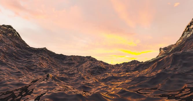 3d illustration of a close-up of sea water with warm sunset in the background