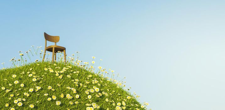 solitary wooden chair on a hill full of daisies and grass with a clear blue sky. banner. spring concept. 3d render