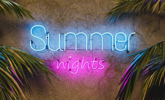 neon sign on cement wall with the word SUMMER NIGHTS and palm leaves on the sides. 3d rendering