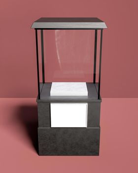 square showcase with glass and lower sign for product display. 3d rendering