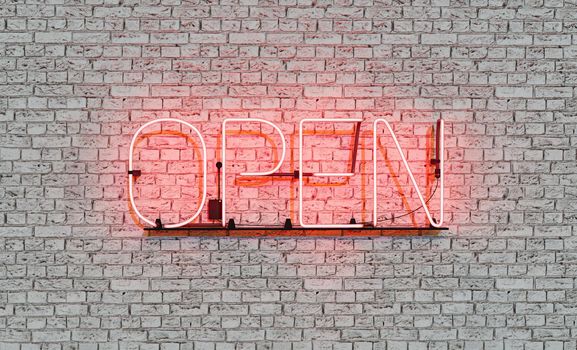 neon sign on brick wall with the word OPEN in red. 3d rendering