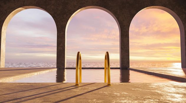 swimming pool with sea views and golden stairs with concrete arches and colorful sunset. 3d rendering