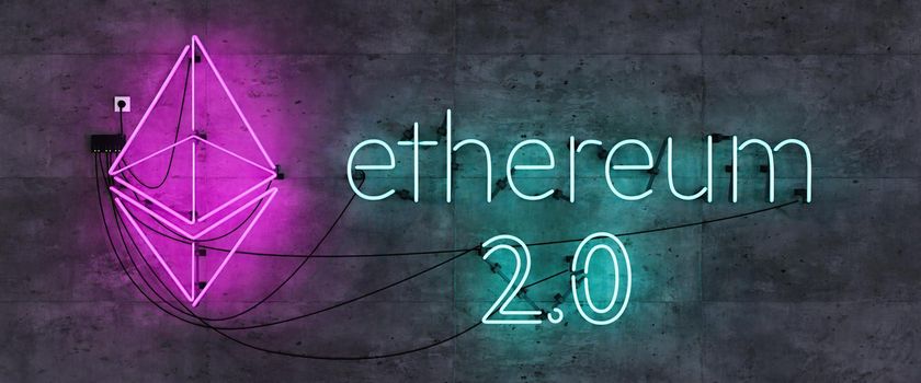 neon lamp headboard with ethereum 2.0 symbol and sign. cryptocurrency. lettering. 3d rendering