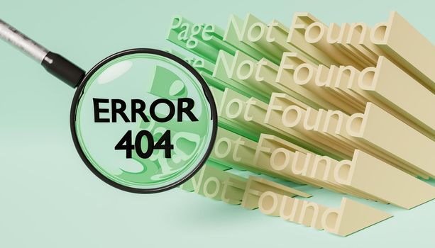 3d PAGE NOT FOUND sign and magnifying glass showing ERROR 404. for web design. 3d rendering