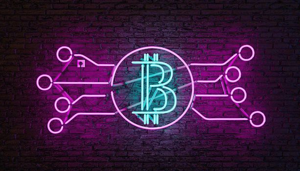 neon lamp with BITCOIN logo illuminated blue and pink on brick wall. 3d rendering
