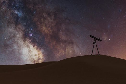 milky way with small telescope in the desert. astronomy. 3d rendering