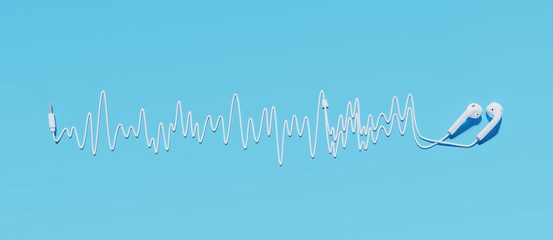 headphones with cable making a sound wave on a blue background. 3d rendering
