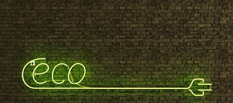 realistic neon lamp sign with the word ECO and long plug with copy space and green light on brick wall. 3d rendering