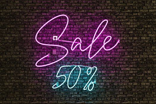 realistic neon lamp with the word SALE in pink and discount number in blue. 3d rendering